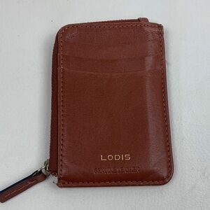 Lodis Cognac Leather Card Wallet RFID Protection ID pocket Gold Zip New NWOT